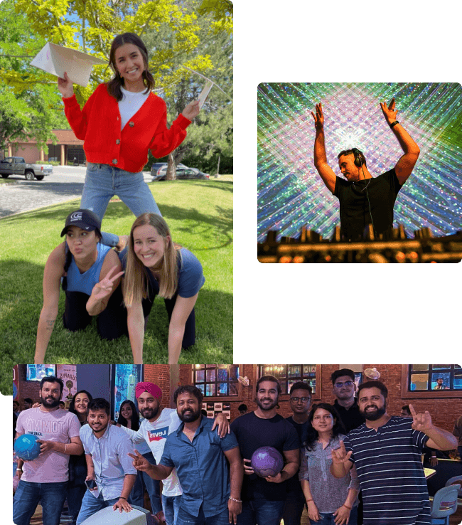 collage of pictures showing a group of Cosm employees posing on a balcony, laying on a beanbag and watching content on the immserive dome,forming a human pyramid, bowling, djing, and enthusiastically holding a water balloon